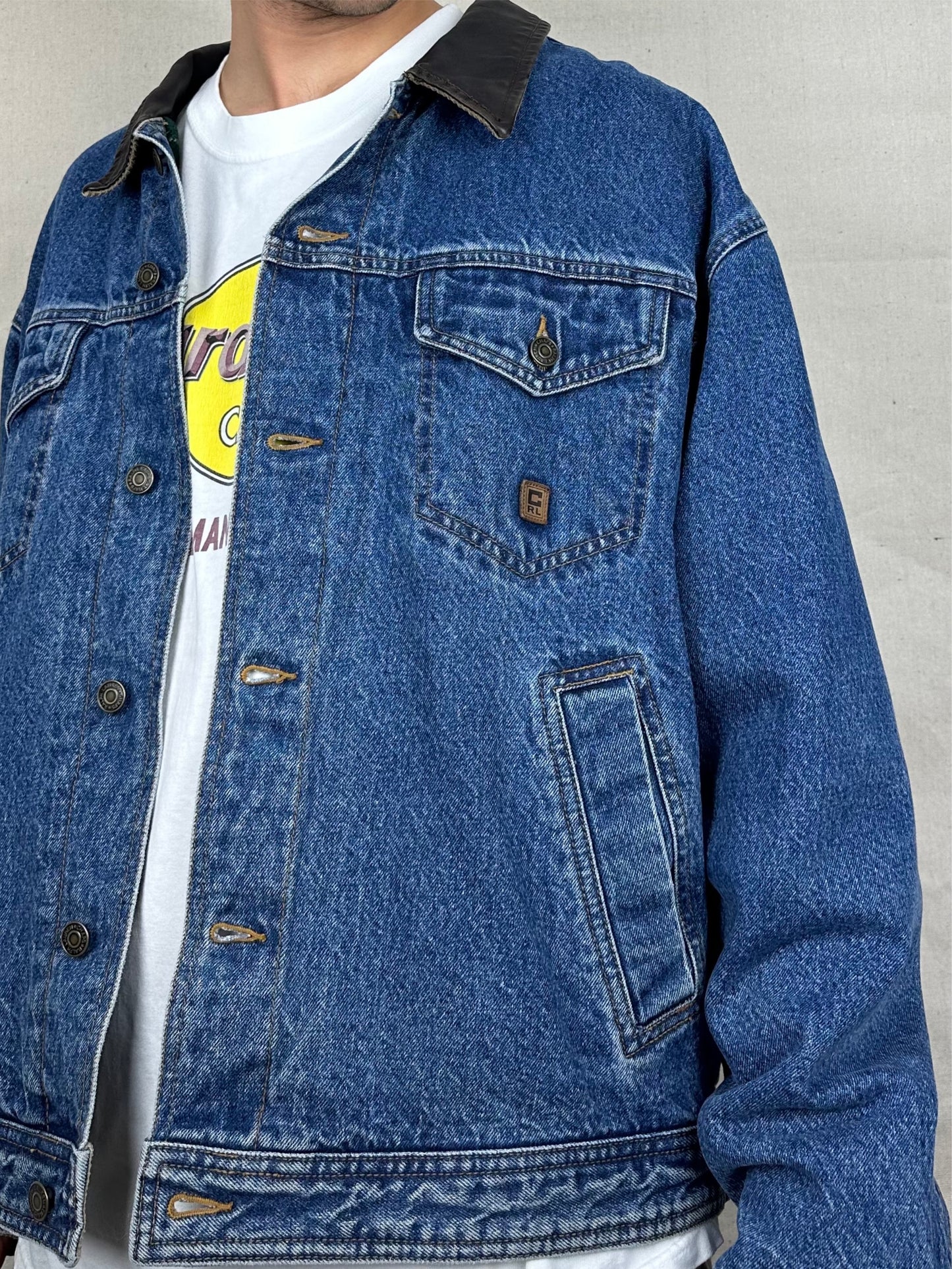 90's Chaps Ralph Lauren Denim Plaid Lined Leather Collar Vintage Jacket Size L-XL