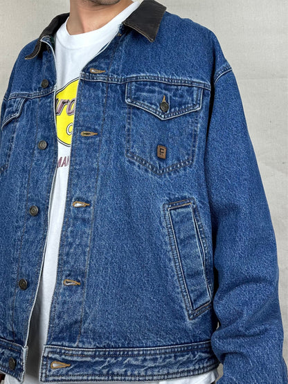 90's Chaps Ralph Lauren Denim Plaid Lined Leather Collar Vintage Jacket Size L-XL