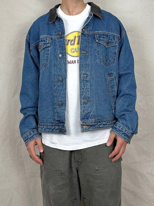 90's Chaps Ralph Lauren Denim Plaid Lined Leather Collar Vintage Jacket Size L-XL