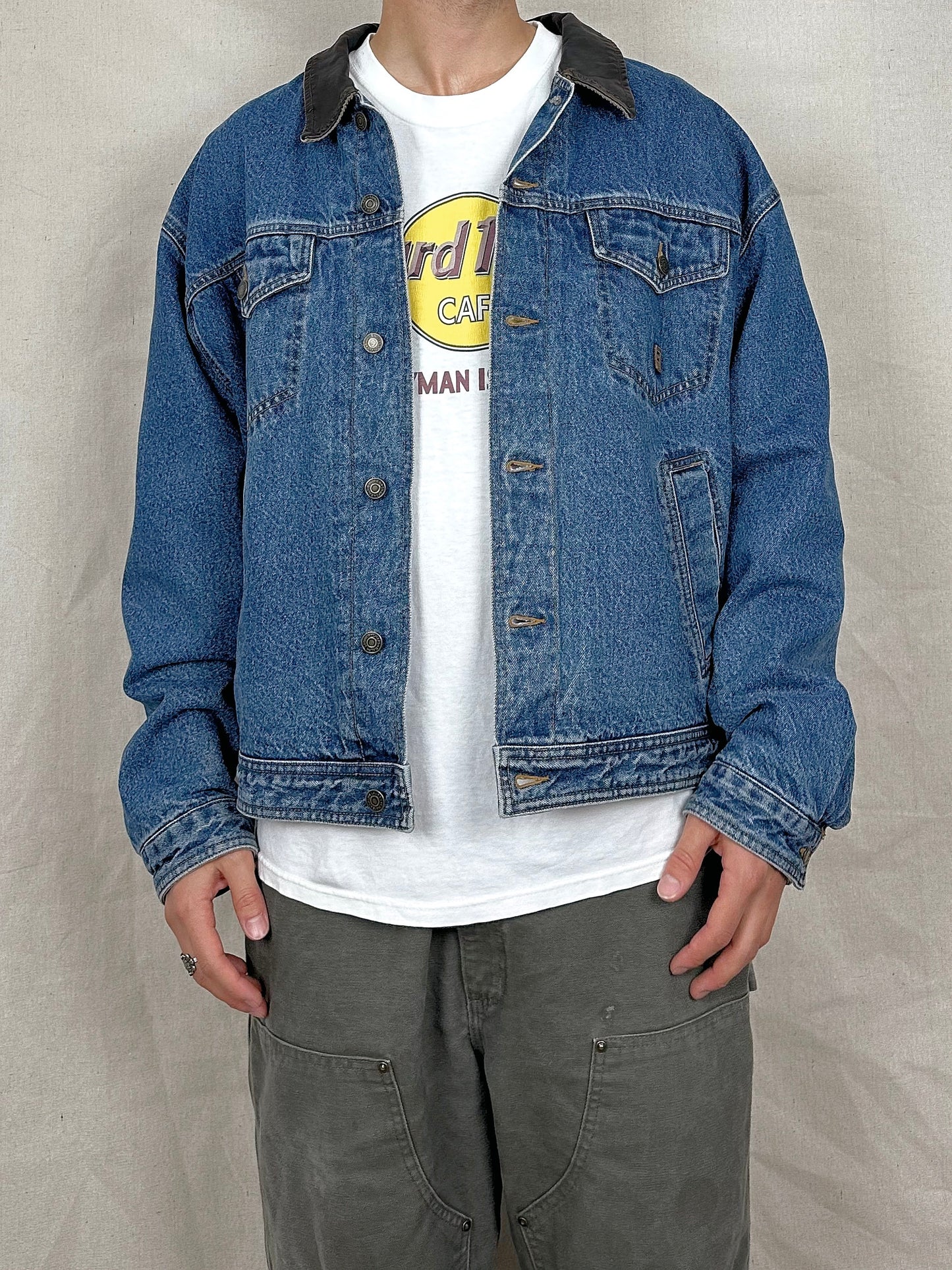 90's Chaps Ralph Lauren Denim Plaid Lined Leather Collar Vintage Jacket Size L-XL