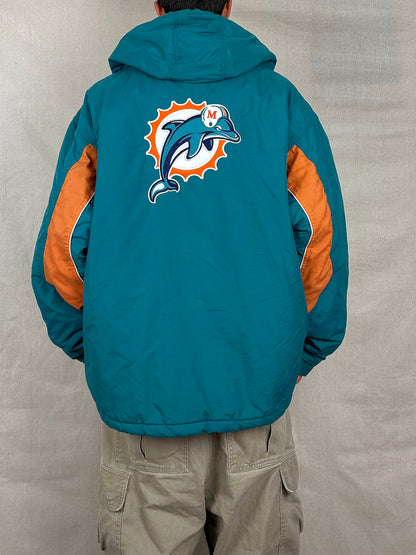 90's Miami Dolphins NFL Embroidered Puffer Jacket With Hood Size XL-2XL
