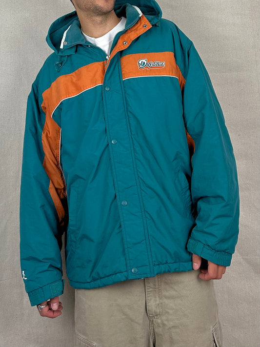 90's Miami Dolphins NFL Embroidered Puffer Jacket With Hood Size XL-2XL