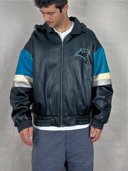 90's Carolina Panthers NFL Embroidered Faux Leather Jacket With Hood Size XL