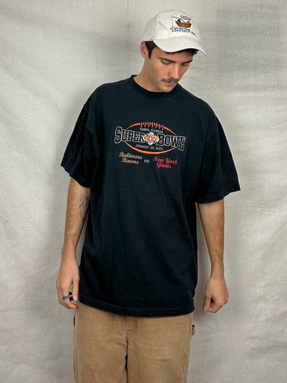 NFL Super Bowl Ravens vs Giants Embroidered Vintage T-Shirt Size 2XL
