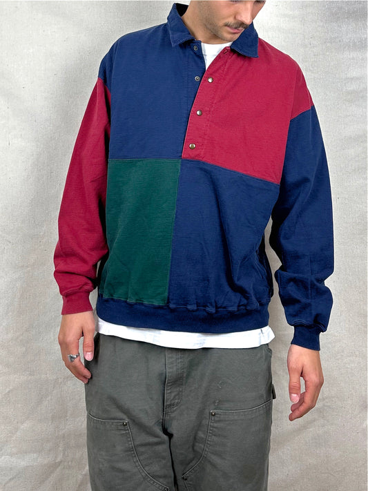 90's Colour-Block Vintage Collared Sweatshirt Size L