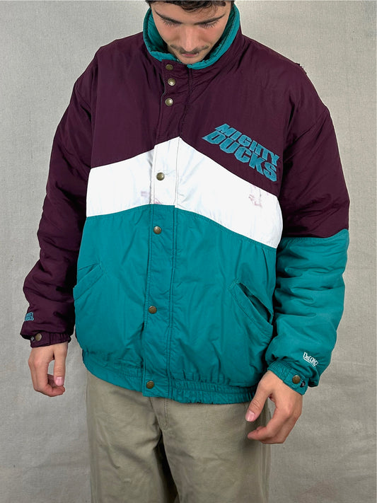 90's Anaheim Mighty Ducks NHL Embroidered Vintage Puffer Jacket Size XL