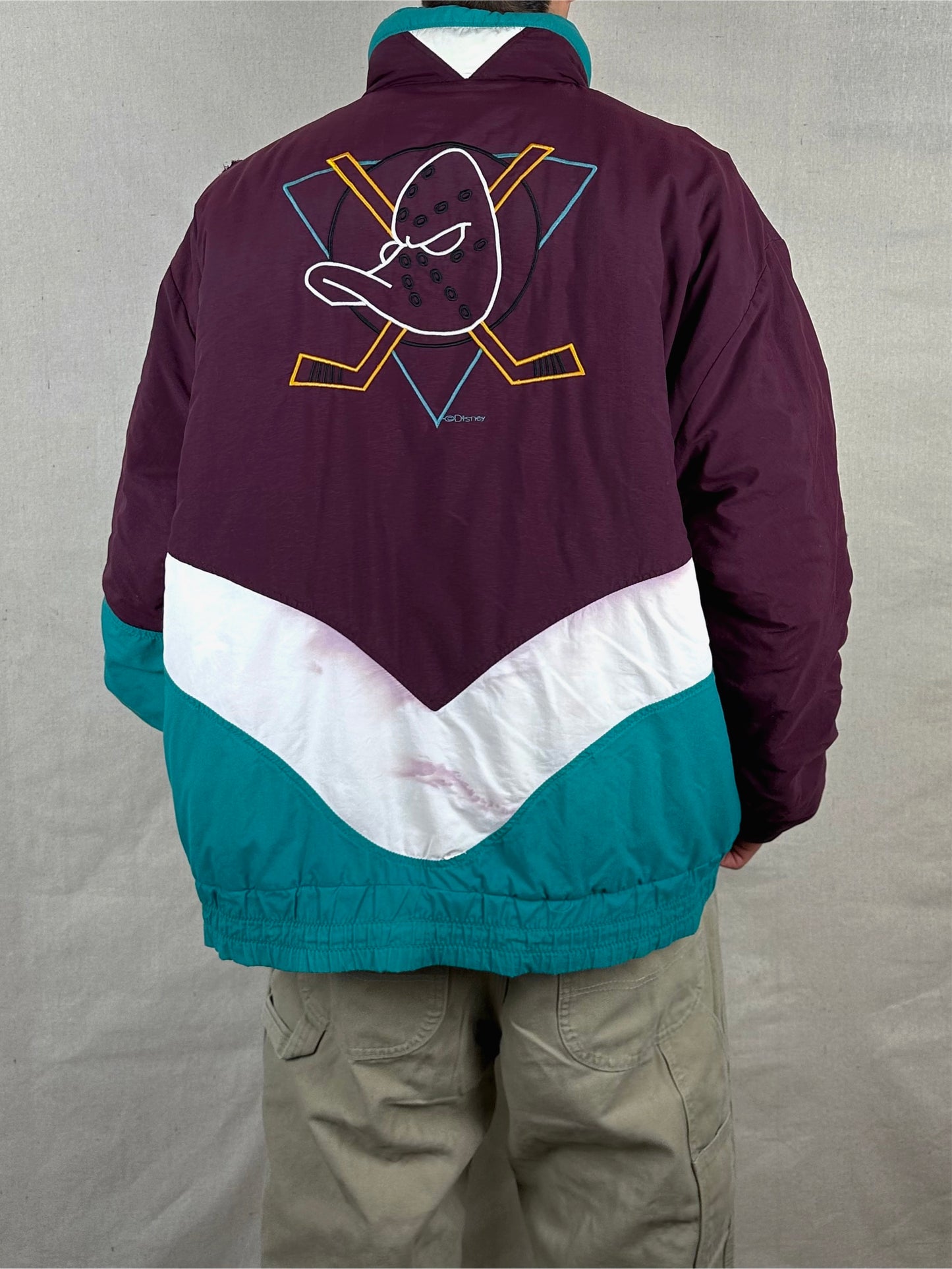 90's Anaheim Mighty Ducks NHL Embroidered Vintage Puffer Jacket Size XL