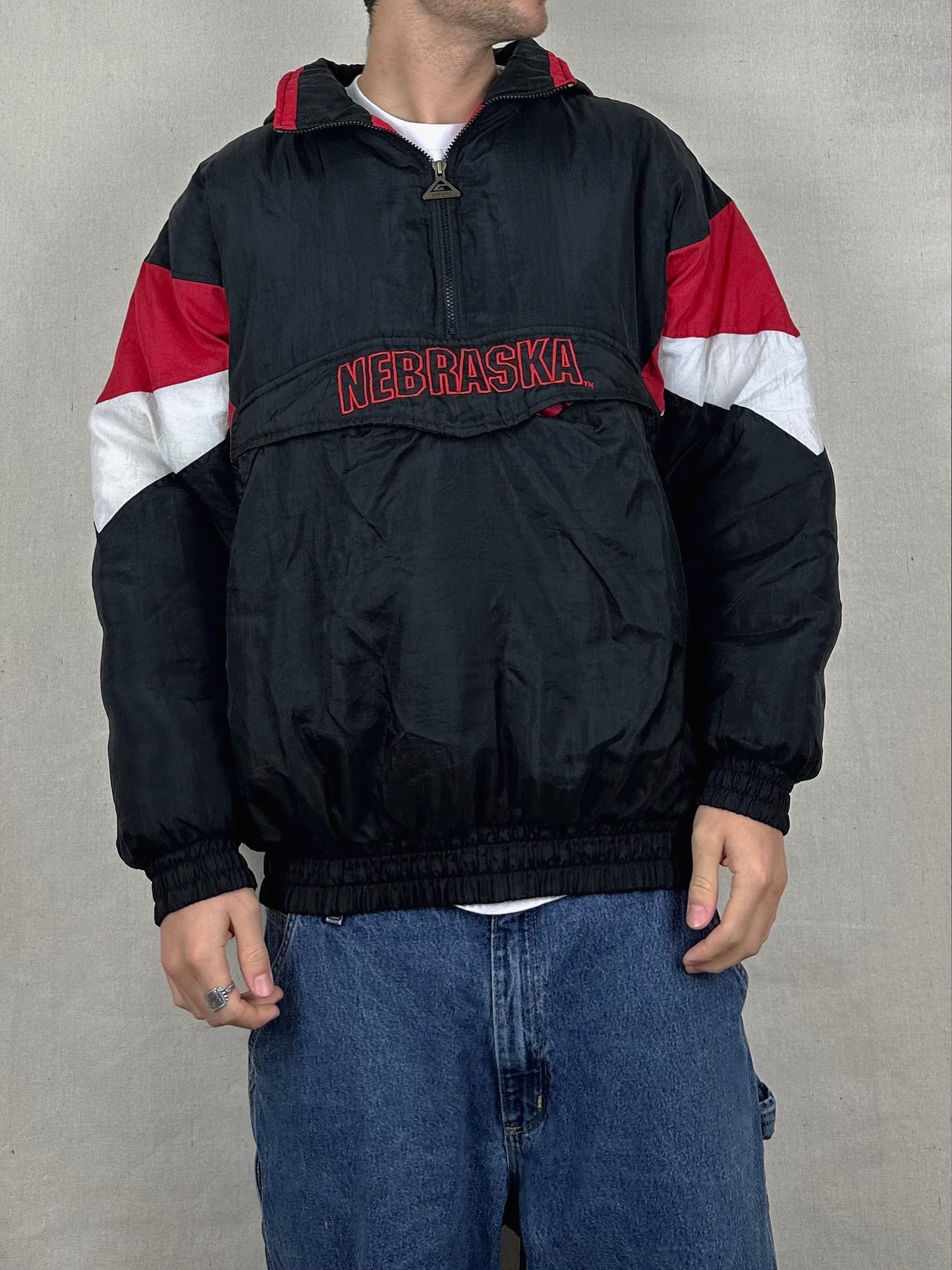 90's Nebraska Huskers Embroidered Vintage Puffer Jacket with Hood Size L-XL