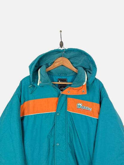 90's Miami Dolphins NFL Embroidered Puffer Jacket With Hood Size XL-2XL