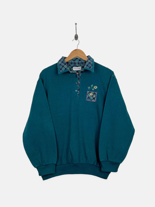 90's Floral Embroidered Vintage Collared Sweatshirt Size M