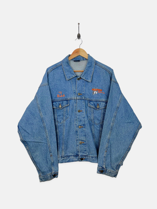 90's Hooters Racing USA Made Embroidered Vintage Denim Jacket Size L-XL
