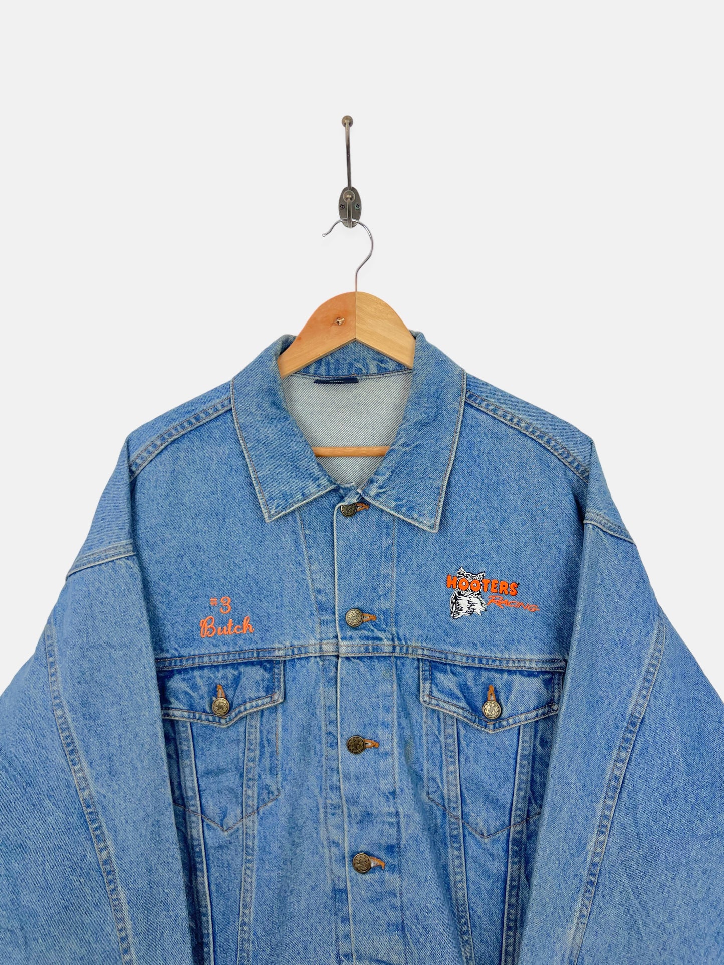 90's Hooters Racing USA Made Embroidered Vintage Denim Jacket Size L-XL