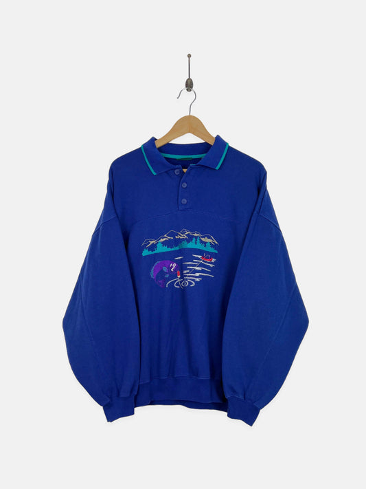 90's Fishing Embroidered Vintage Collared Sweatshirt Size L-XL