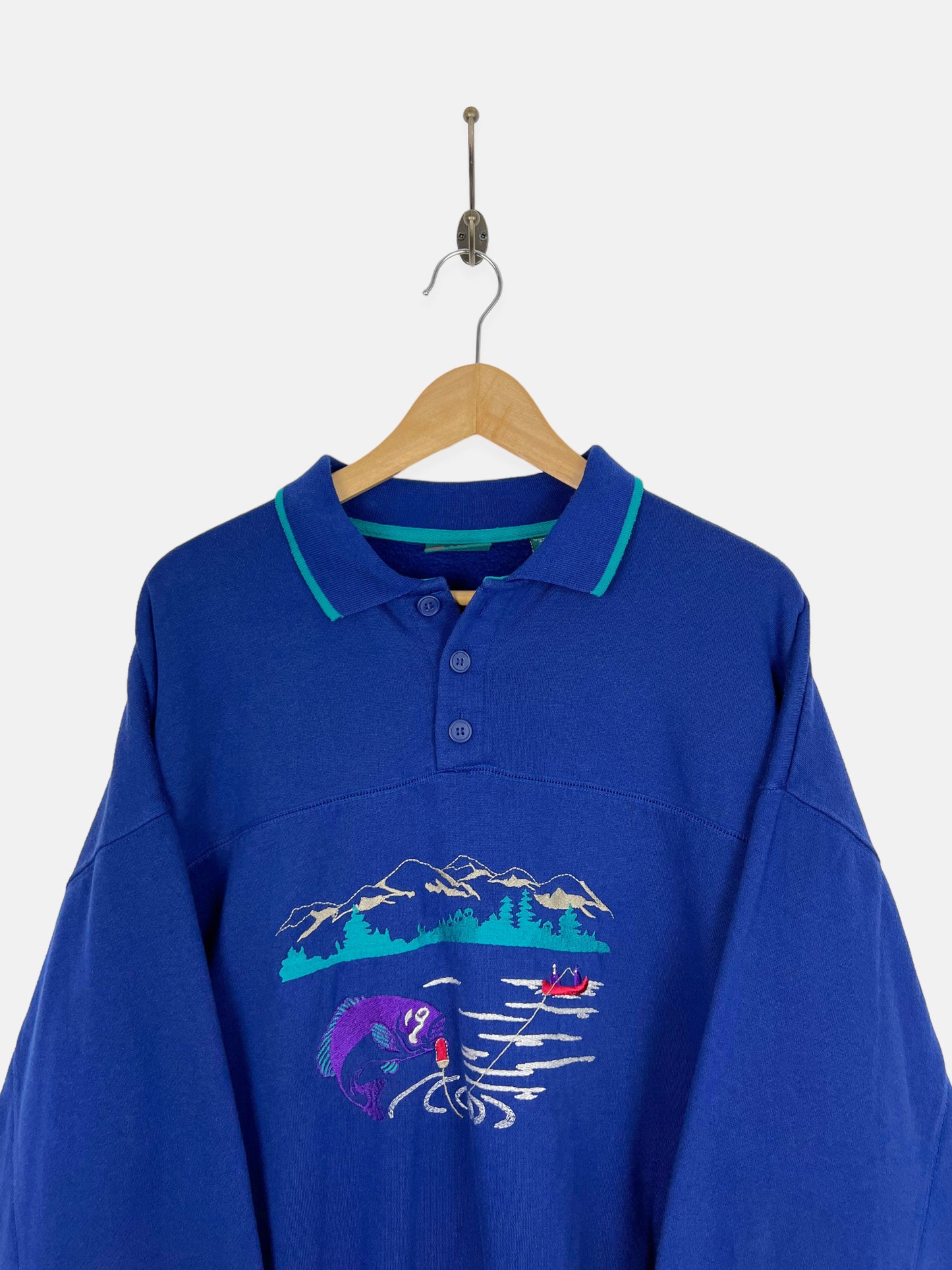 90's Fishing Embroidered Vintage Collared Sweatshirt Size L-XL