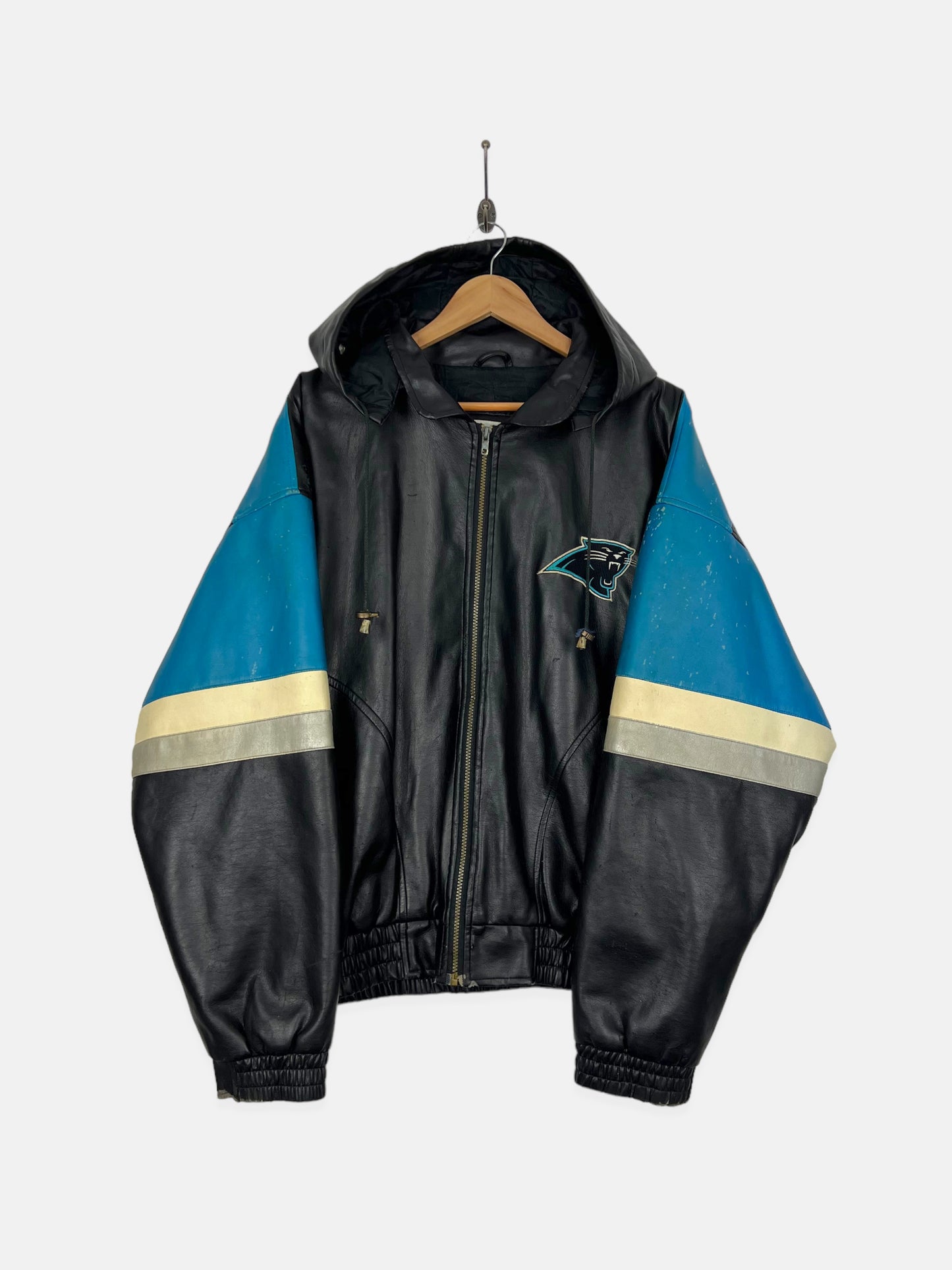 90's Carolina Panthers NFL Embroidered Faux Leather Jacket With Hood Size XL