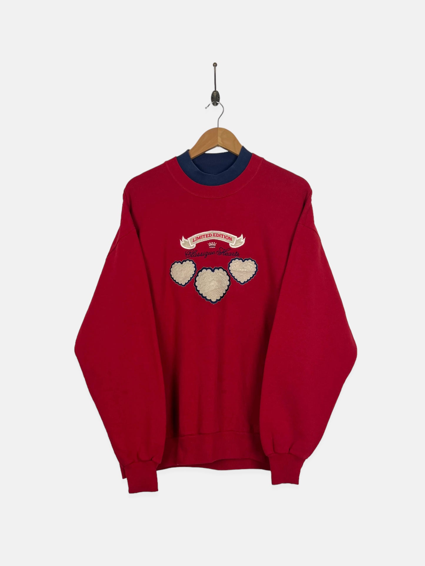 90's Classique Hearts USA Made Embroidered Vintage High-Neck Sweatshirt Size L-XL