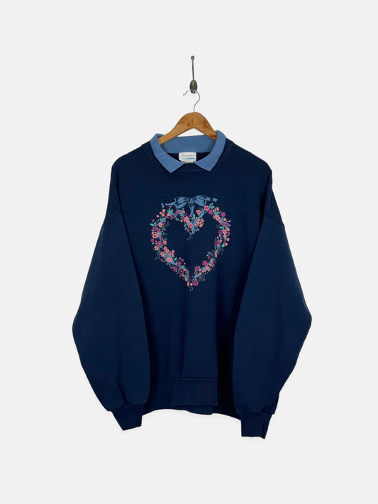 90's Floral Heart USA Made Vintage Collared Sweatshirt Size XL-2XL