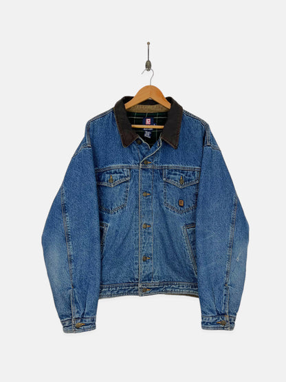 90's Chaps Ralph Lauren Denim Plaid Lined Leather Collar Vintage Jacket Size L-XL