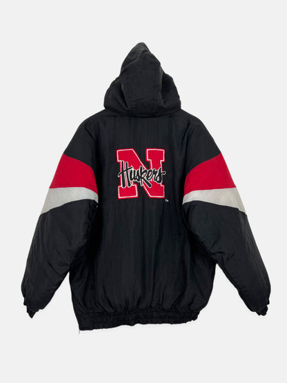 90's Nebraska Huskers Embroidered Vintage Puffer Jacket with Hood Size L-XL