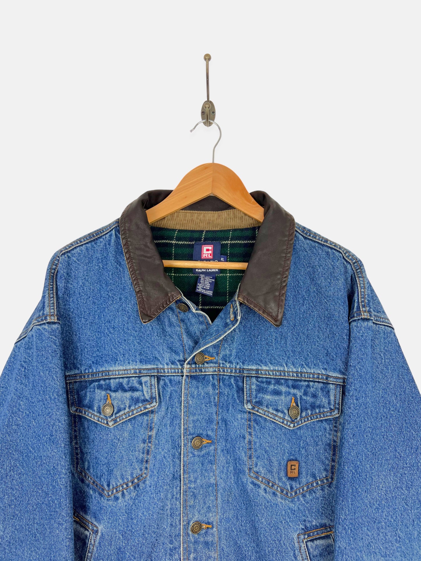 90's Chaps Ralph Lauren Denim Plaid Lined Leather Collar Vintage Jacket Size L-XL
