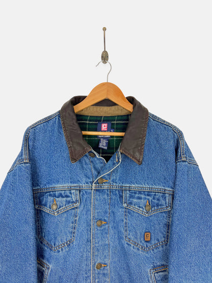 90's Chaps Ralph Lauren Denim Plaid Lined Leather Collar Vintage Jacket Size L-XL