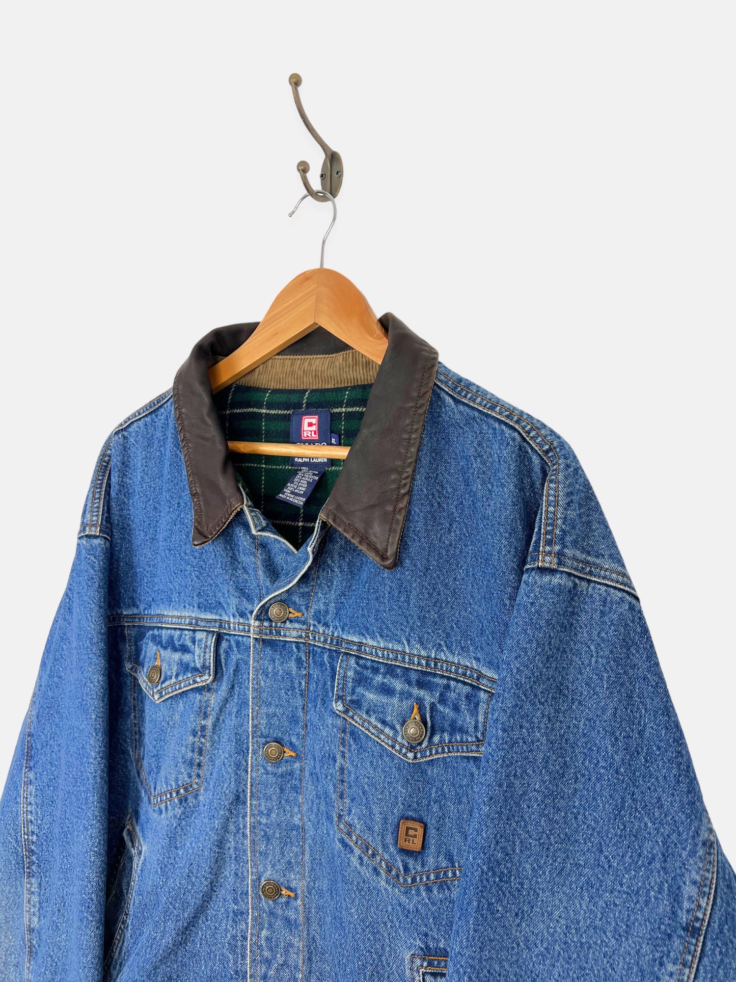 90's Chaps Ralph Lauren Denim Plaid Lined Leather Collar Vintage Jacket Size L-XL