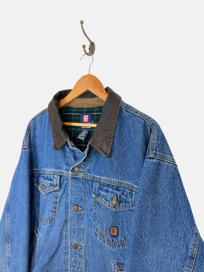 90's Chaps Ralph Lauren Denim Plaid Lined Leather Collar Vintage Jacket Size L-XL