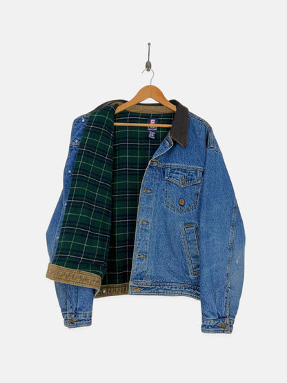 90's Chaps Ralph Lauren Denim Plaid Lined Leather Collar Vintage Jacket Size L-XL