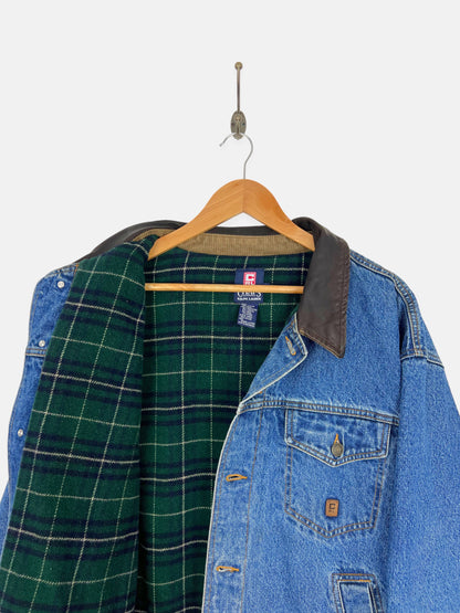 90's Chaps Ralph Lauren Denim Plaid Lined Leather Collar Vintage Jacket Size L-XL