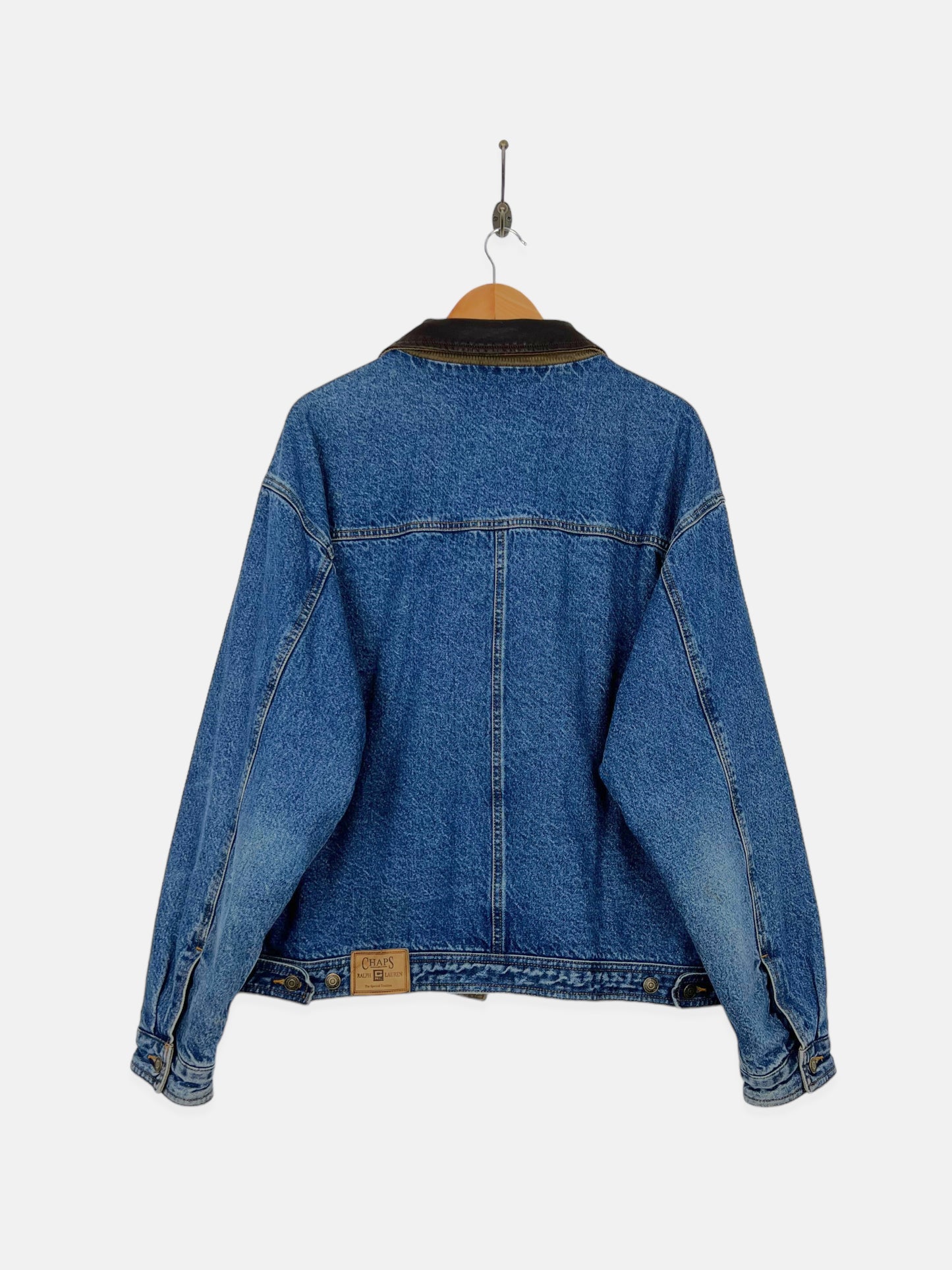 90's Chaps Ralph Lauren Denim Plaid Lined Leather Collar Vintage Jacket Size L-XL