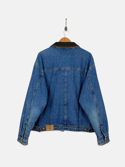 90's Chaps Ralph Lauren Denim Plaid Lined Leather Collar Vintage Jacket Size L-XL