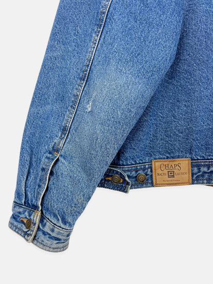 90's Chaps Ralph Lauren Denim Plaid Lined Leather Collar Vintage Jacket Size L-XL