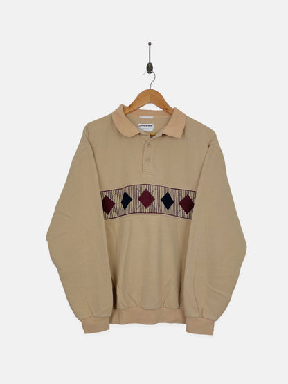 90's Beige Embroidered Vintage Collared Sweatshirt Size M-L