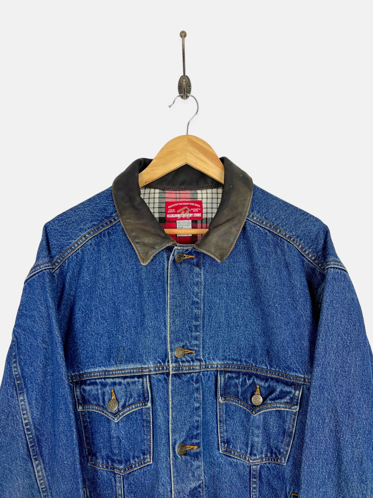 90's Marlboro Country Store Leather Collar Denim Jacket Size L