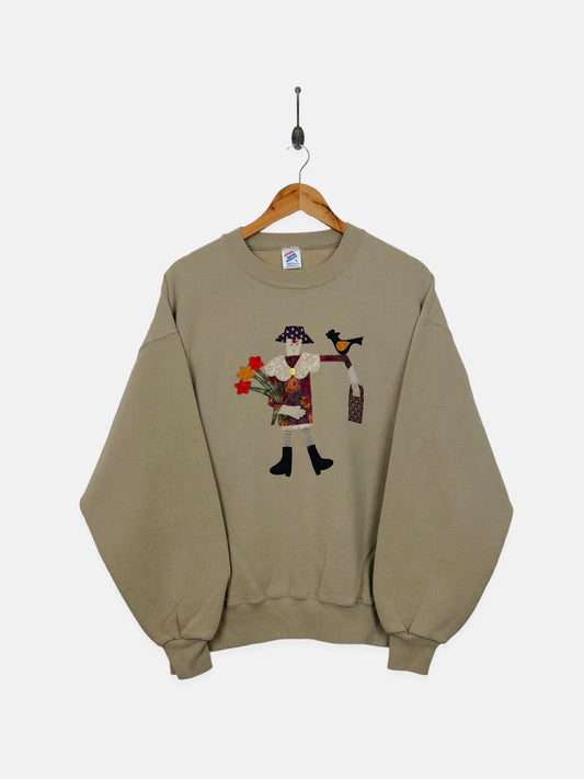 90's Beige USA Made Embroidered Vintage Sweatshirt Size M-L