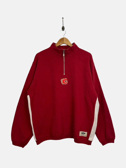 90's Calgary Flames Canada Made Embroidered Vintage Quarterzip Sweatshirt Size M-L