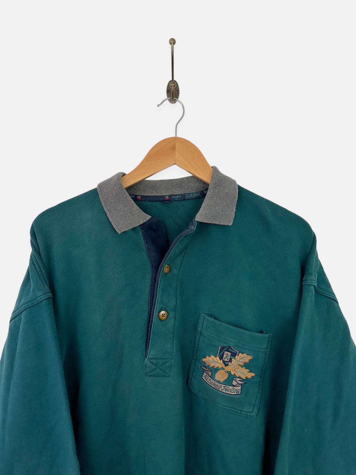 90's Natural Feeling Embroidered Vintage Collared Sweatshirt Size 14