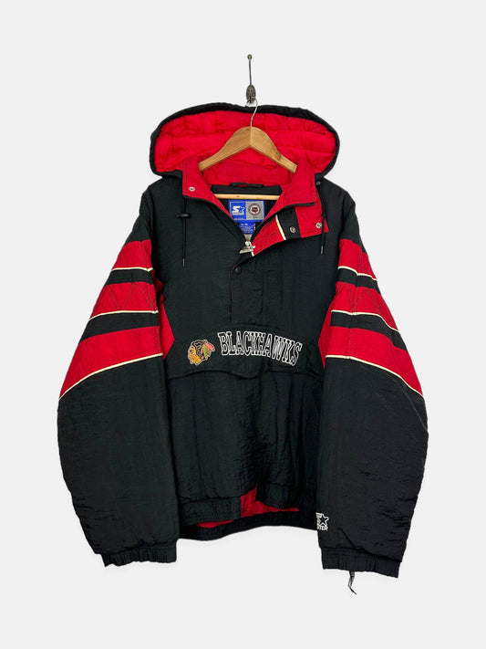 90's Starter Chicago Blackhawks NHL Embroidered Vintage Puffer Jacket Size XL