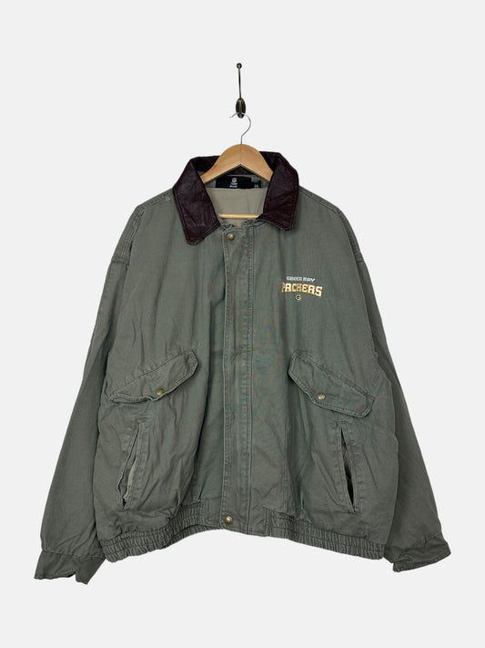 90's Green Bay Packers NFL Embroidered Vintage Leather Collar Jacket Size XL-2XL