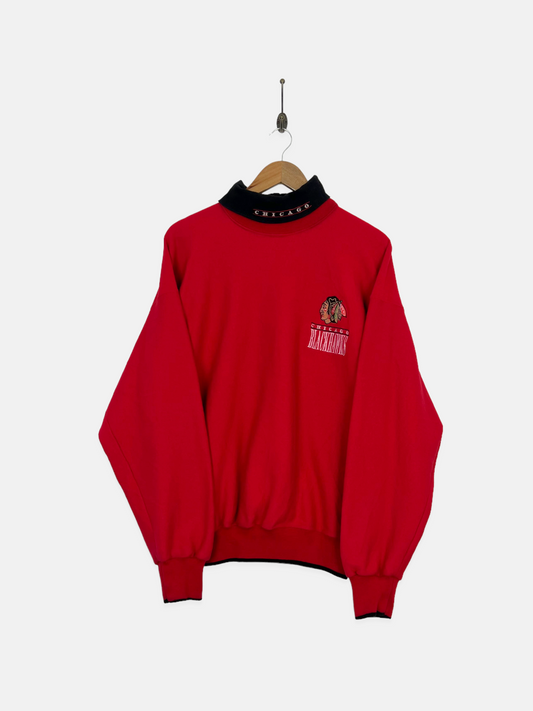 90's Chicago Blackhawks NHL USA Made Embroidered Vintage Mock-Neck Sweatshirt Size M