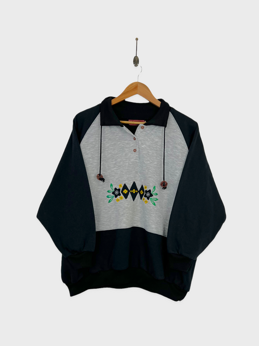 90's Floral Embroidered Vintage Collared Sweatshirt Size 10
