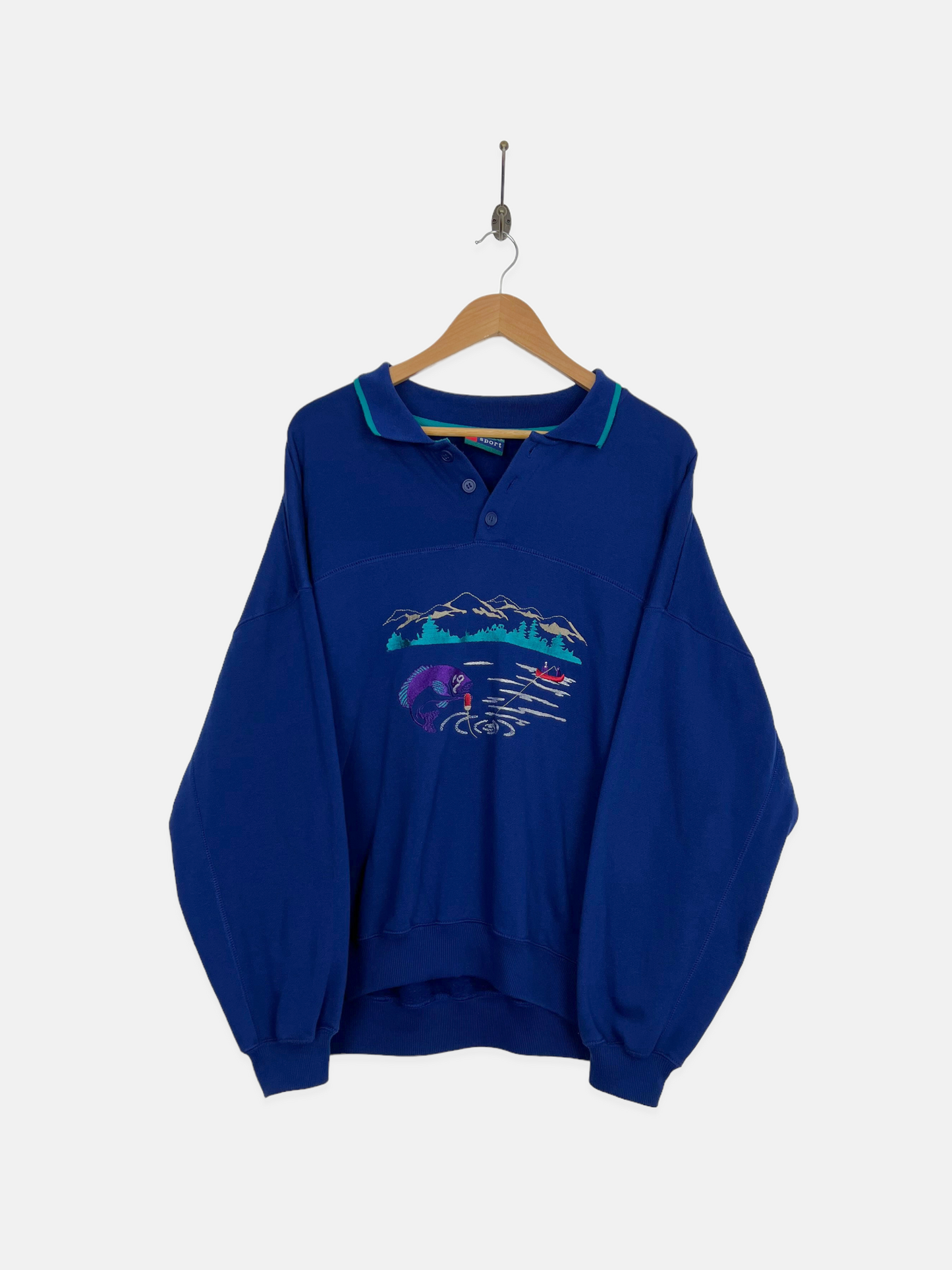 90's Fishing Embroidered Vintage Collared Sweatshirt Size L